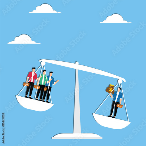 One person has more wealth than the others, the gap between the rich and the poor, the unfairness, the weight of one merchant on the seesaw holding a bag of money is greater than that of the remaining