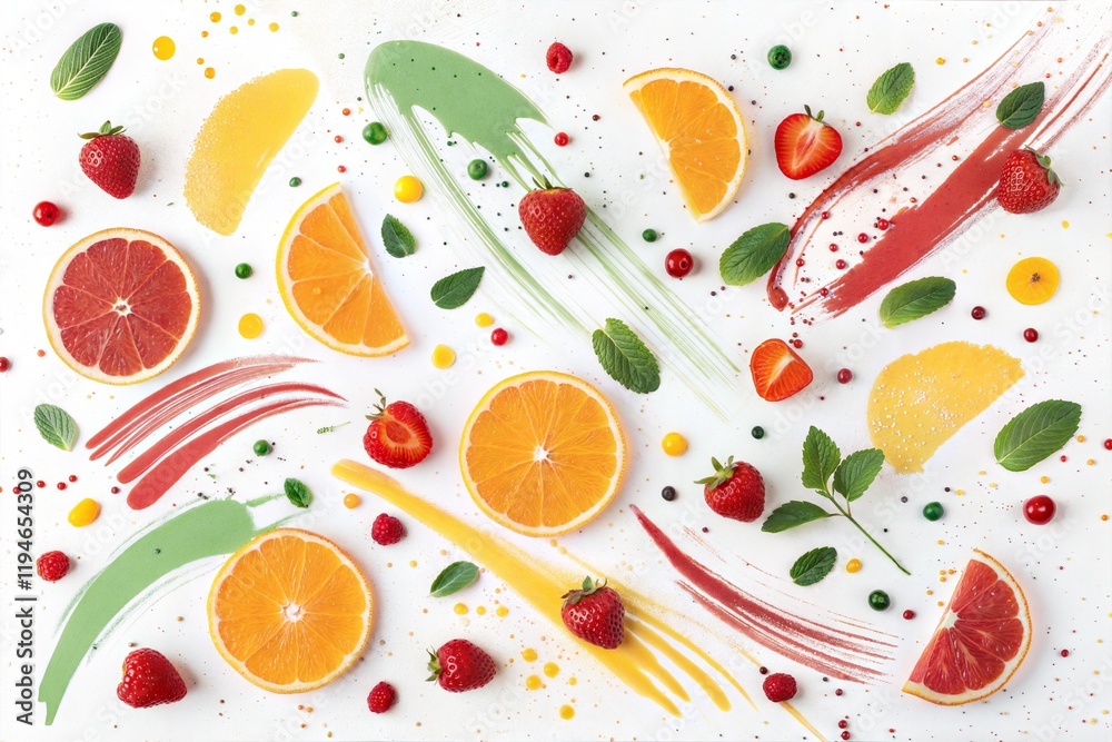 Vibrant fruit flat lay with strawberries, oranges, and citrus slices, colorful artistic design Vibrant fruit flat lay with strawberries, oranges, and citrus slices, colorful artistic design