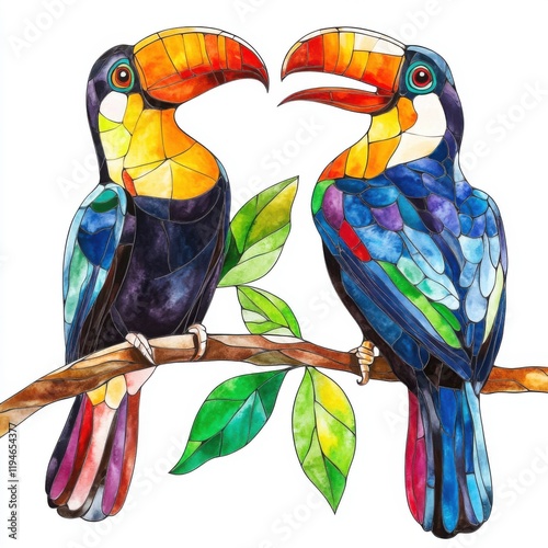 Colorful Toucans in Stained Glass Watercolor Style Artwork photo