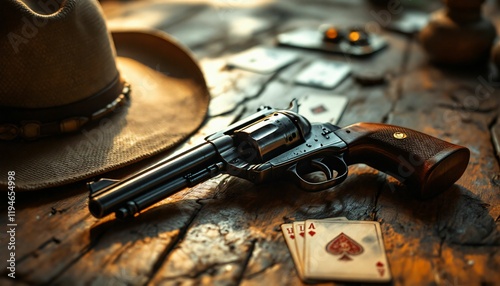 Western revolver gun with cowboy hat on wooden table with playing cards. Vintage wild west atmosphere. Gambling and poker concept. Dark moody background for banner design