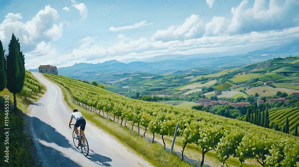 Cyclist Rides Through Rolling Hills and Vineyards Cyclist Rides Through Rolling Hills and Vineyards