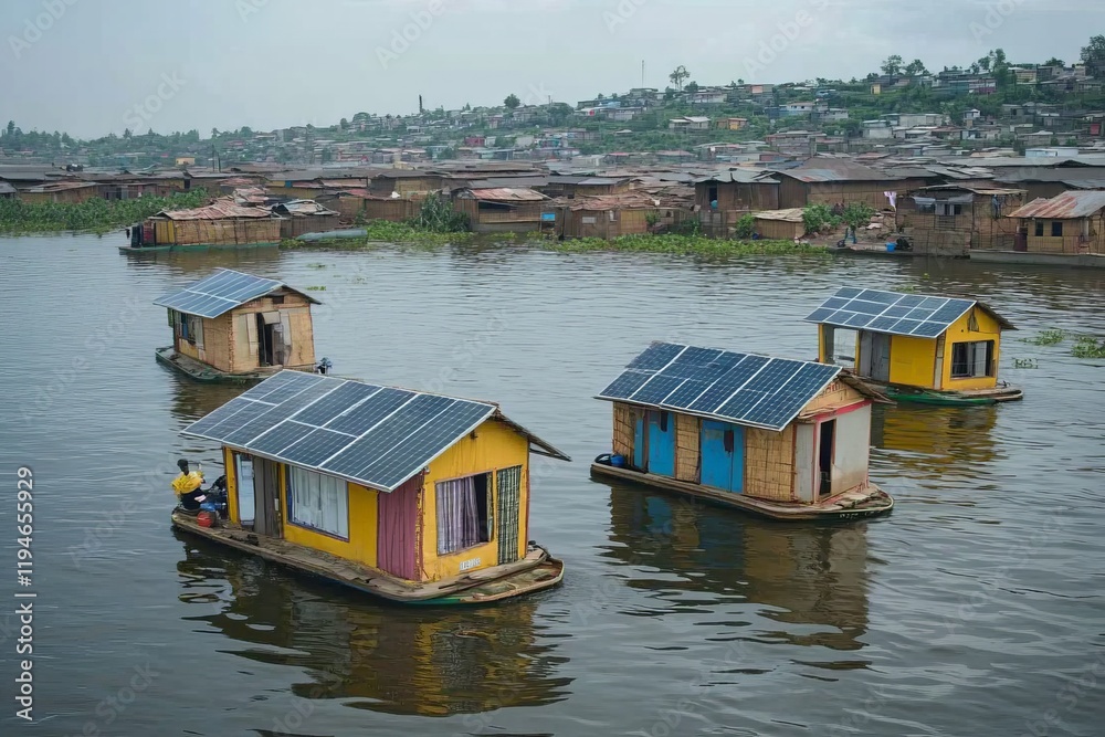 Floating houses equipped with solar panels in a water-based village setting, highlighting sustainable living and renewable energy in vibrant, colorful wooden homes. Floating houses equipped with solar panels in a water-based village setting, highlighting sustainable living and renewable energy in vibrant, colorful wooden homes.
