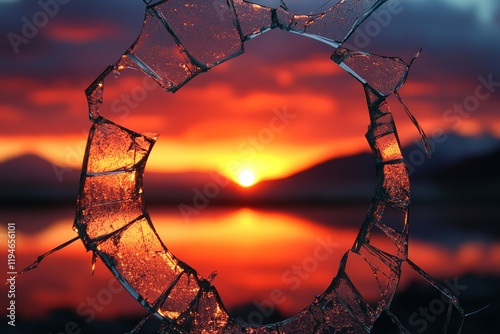A breathtaking sunset view is captured through a large circular broken glass piece, highlighting the contrast between nature's beauty and man-made flaws.