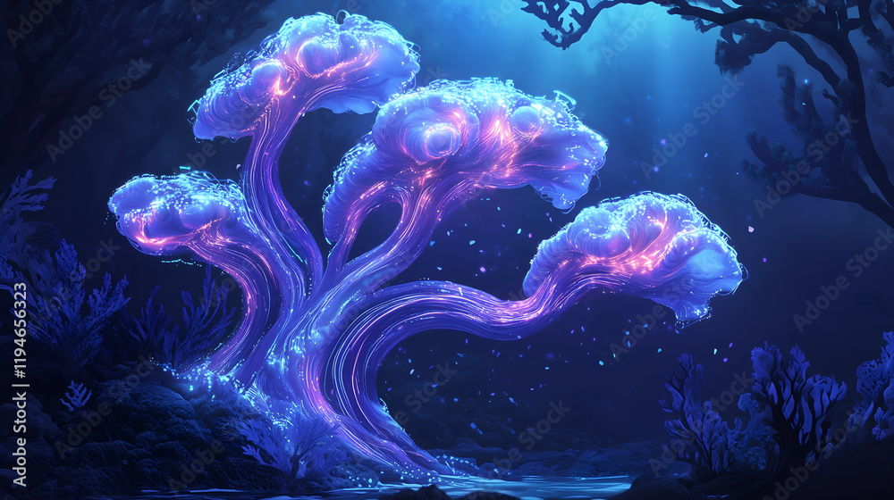 Fototapeta premium Bioluminescent Circuit Reef with Data Corals