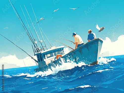 Two fishermen on a boat fishing in the ocean, birds flying overhead.