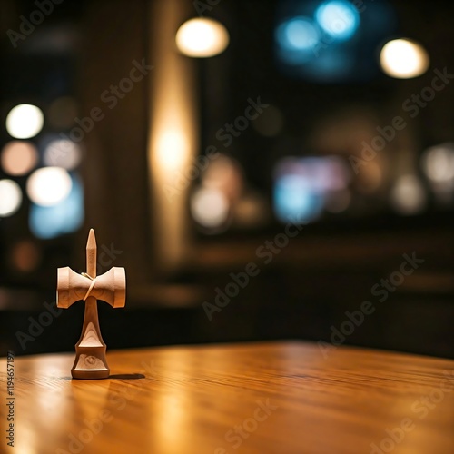 A kendama toy resting on a smooth wooden table, kendama, wooden table, café, toy, dynamic, recreation, activity, vibrant, cultural, sleek, focus, precision, motion, travel, energy, 
