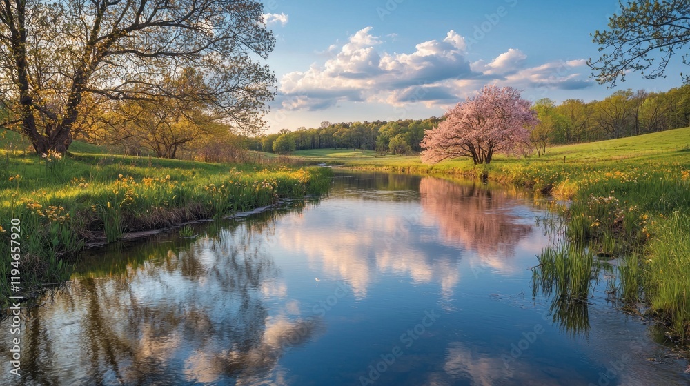Fototapeta premium A tranquil river winds through a lush green valley, reflecting the pink blossoms of cherry trees and the fluffy clouds above. The scene captures the beauty of springtime serenity
