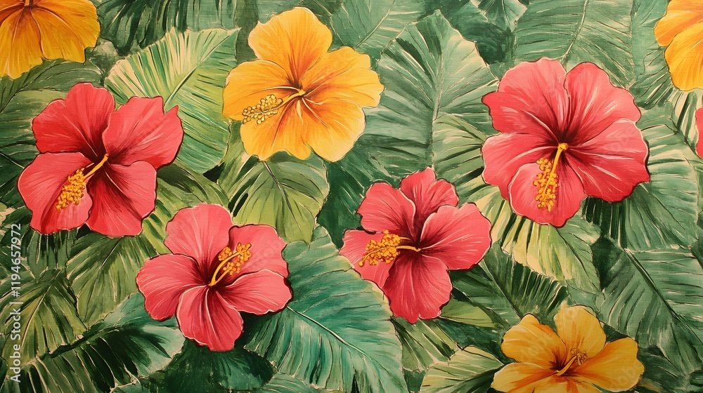 17. A tropical floral pattern with bright hibiscus flowers and green palm fronds