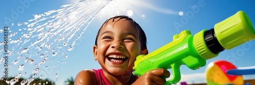 A cheerful child plays with a bright green water gun, spraying water under the summer sun. Fun, laughter, and outdoor summer vibes