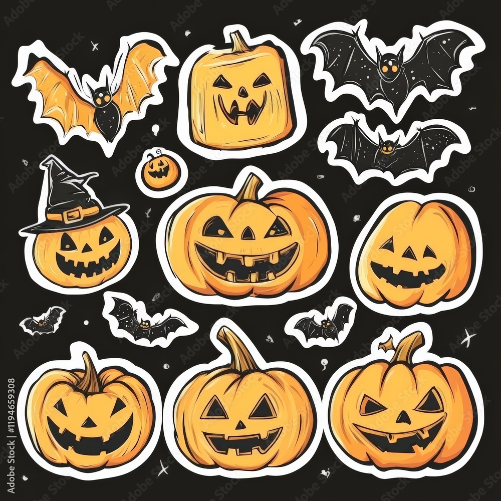 Obraz premium Colorful and Whimsical Halloween Stickers Featuring Pumpkins, Bats, and Spooky Faces for Festive Celebrations and Party Decorations