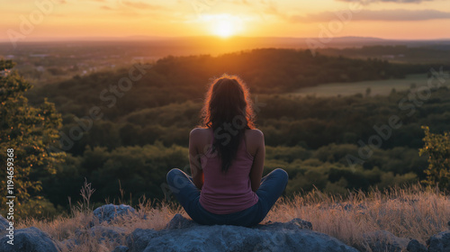 Mixed Race Woman Relaxing Outdoors Breathing Fresh Air at Scenic Sunset