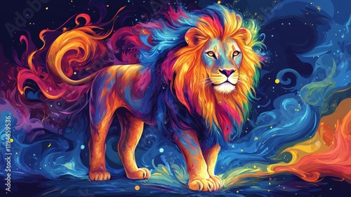 Colorful Artistic Lion with Vibrant Mane Roaring Against a Cosmic Background Filled with Swirling Colors and Mystical Elements for Creative Projects and Designs