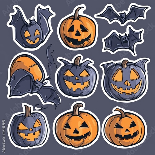 Colorful Halloween Stickers Featuring Pumpkins and Bats, Perfect for Celebrating the Spooky Season with Fun Decor and Creative Projects