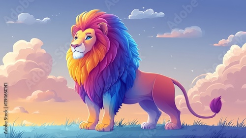 Colorful Lion with Vibrant Mane in a Scenic Landscape at Sunset, Exhibiting a Majestic Stance Surrounded by Soft Clouds and a Tranquil Horizon
