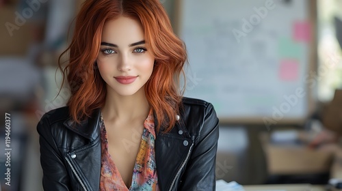 ENTP personality woman with bright eyes and mischievous smile, in a black leather jacket and colorful blouse, wavy copper hair, slim jeans, trendy sneakers, in a vibrant urban studio with books, 
