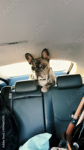 backlit of brindle french bulldog standing behide car back seat while travel on road