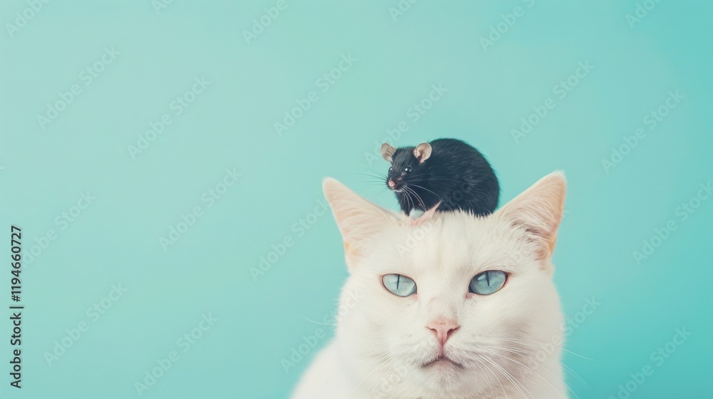 A white cat sits calmly with a black mouse perched on its head, set against a soothing light blue backdrop A white cat sits calmly with a black mouse perched on its head, set against a soothing light blue backdrop