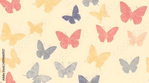 25. A whimsical pattern of scattered butterflies in soft pastels on a pale yellow background