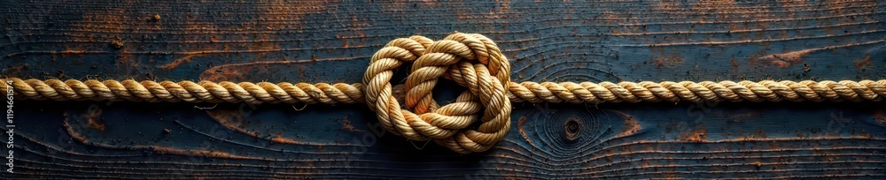 Intricate sailor's knot on dark, rustic wood grain , grunge, sea Intricate sailor's knot on dark, rustic wood grain , grunge, sea