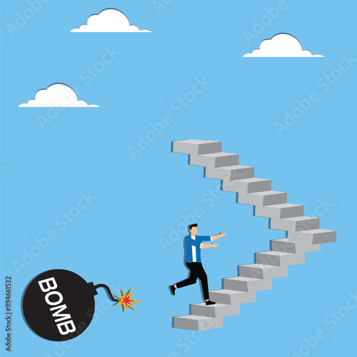 Risk and Crisis Avoidance, Avoiding Investment Risks or Occupational Risks, Staying Out of Harm's Way, Risk Management and Analysis, Businessmen Climbing Ladders to Stay Away from Bombs