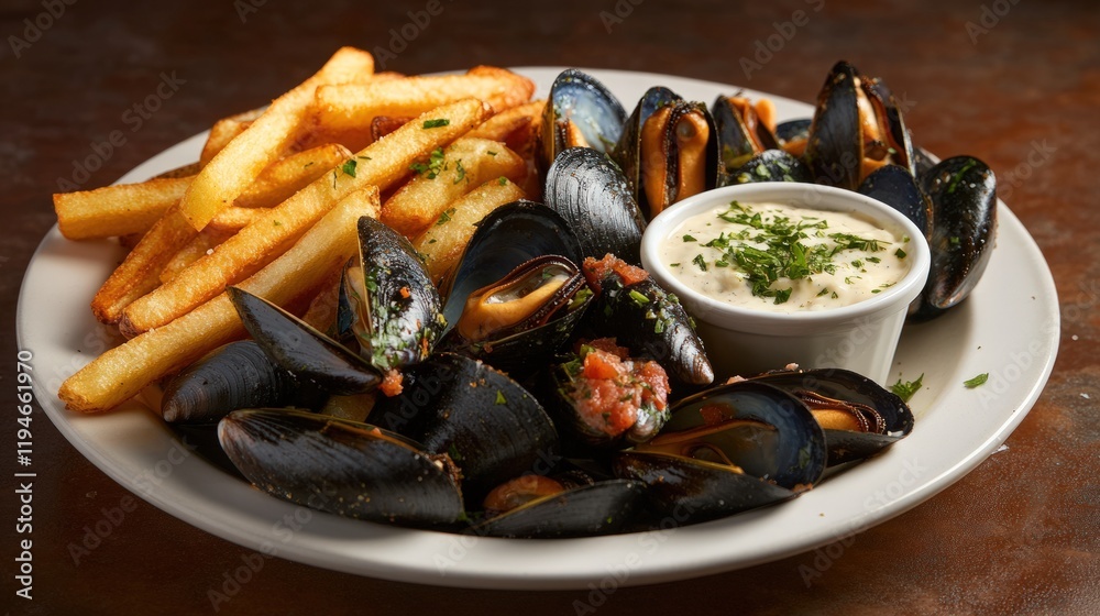 Delicious Mussels with French Fries and Creamy Sauce Delicious Mussels with French Fries and Creamy Sauce