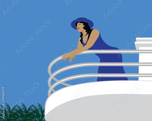 vector design of a woman in a dark blue shirt and hat standing on the balcony of the house while enjoying the view of the blue sky