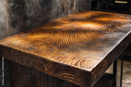 A richly detailed wooden table showcases flowing grain lines. The undulating texture adds a dynamic feel, revealing the beauty of natural wood tones. photo