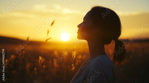 Mixed Race Woman Relaxing Outdoors Breathing Fresh Air at Scenic Sunset