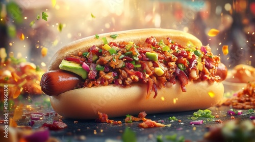 Delicious Hot Dog Topped with Spicy Meat and Fresh Vegetables, Surrounded by Colorful Ingredients and an Inviting Atmosphere for Food Lovers