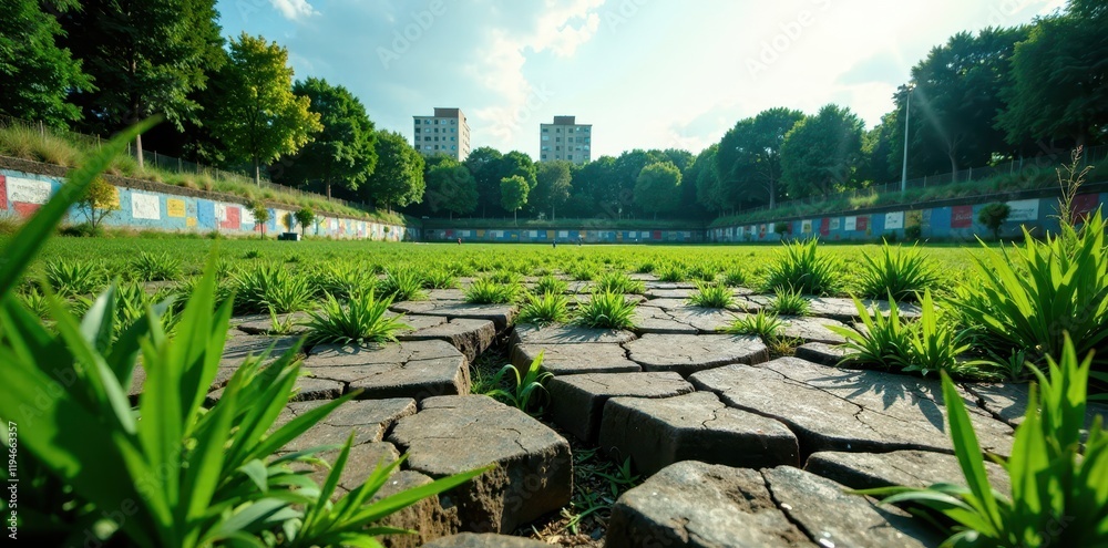 Fototapeta premium Overgrown, cracked football field, urban decay, arena, grass