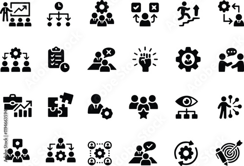 Manager icon set. Containing leadership, supervision, hiring, coaching, management, development, organization, teamwork and delegation icons.