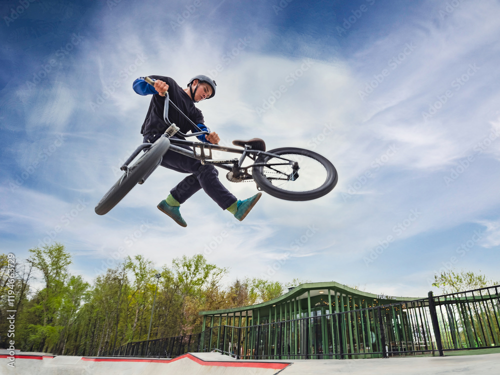 Fototapeta premium BMX bicycle rider doing stunt Tailwhip in quarter pipe. Skilled BMX freestyler athlete jumping over quarter ramp and doing aerial trick Tailwhip in street ramp park outdoors