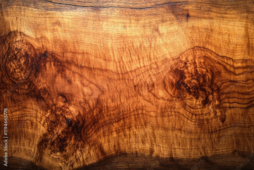 Naklejka premium Exquisite wooden surface featuring rich grain with swirling patterns and deep hues, perfect as a texture or background, highlighting natural beauty and artistry.