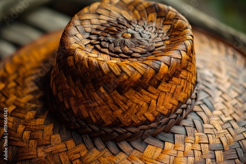 A close-up of a brown hat exhibiting a complex basket-weave pattern, showcasing a blend of dark and light fibers to create an intricate, textured appearance. photo