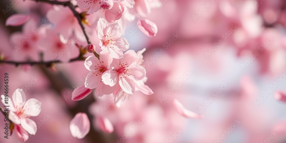 Pink sakura petals gently falling against a soft-focus background, light, season Pink sakura petals gently falling against a soft-focus background, light, season