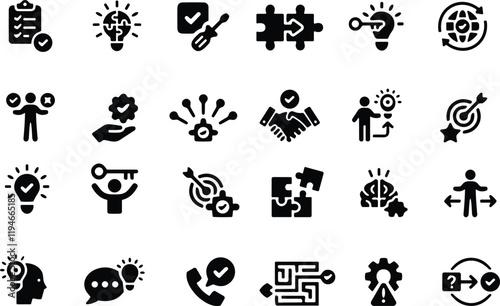 Solution icon set. Containing problem-solving, alternative, resolve, answer, maze, issue and success icons.