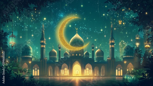 Enchanted Night Scene of a Majestic Palace Under a Starry Sky with a Glowing Crescent Moon Surrounded by Lush Greenery and Mystical Lanterns