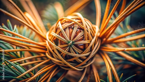 Intricate Nature's Woven Pine Cone Encased in Golden Needles