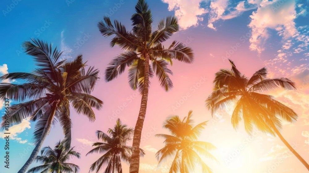 Fototapeta premium Tropical beach sunset palm trees silhouette (1)