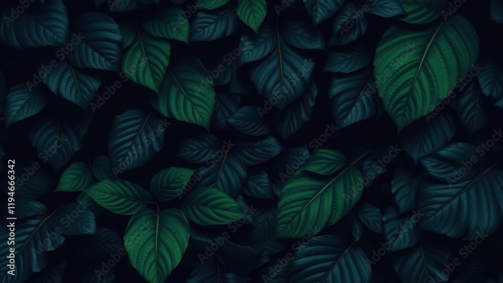 Fototapeta premium Dark pattern featuring exotic leaves in various shades of green and black, creating a striking and mysterious aesthetic, texture, dark