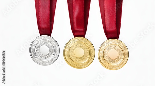 Three ornate medals with red ribbons hang against white photo