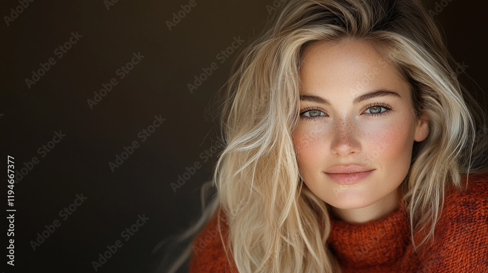 Portrait of a cute smiling blonde with luxurious white hair on a black background Portrait of a cute smiling blonde with luxurious white hair on a black background