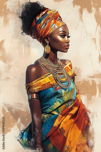 portrait of an African-American woman in ethnic clothes, illustration