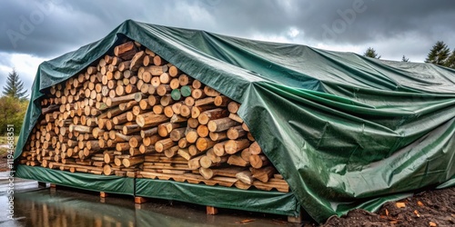 A large stack of neatly arranged wood logs is protected by a heavy-duty green tarp outdoors under a cloudy sky.
