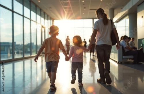 Family at airport terminal, parents with their children walking towards departure gate, cheerful travelers with luggage - concept of family travel, airport scene, vacation time.