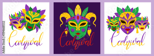 Carnival. Vector poster set with lettering with flat masquerade masks. Collection festive banner with calligraphy quote. Vertical element for greeting cards and your creativity.