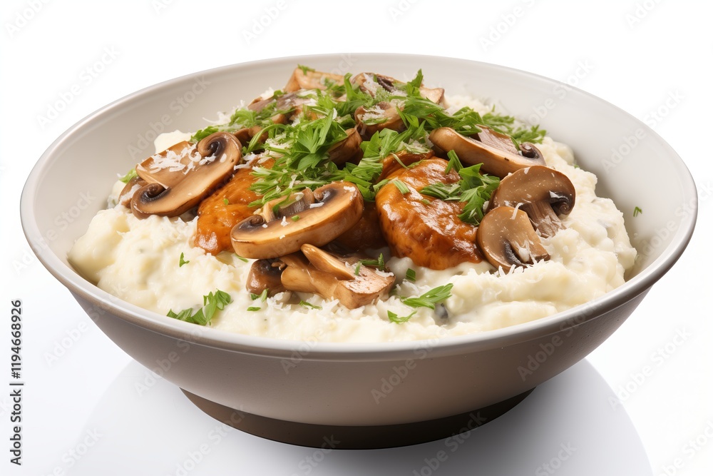 A delicious bowl of creamy mashed potatoes topped with sauteed mushrooms and herbs. A delicious bowl of creamy mashed potatoes topped with sauteed mushrooms and herbs.