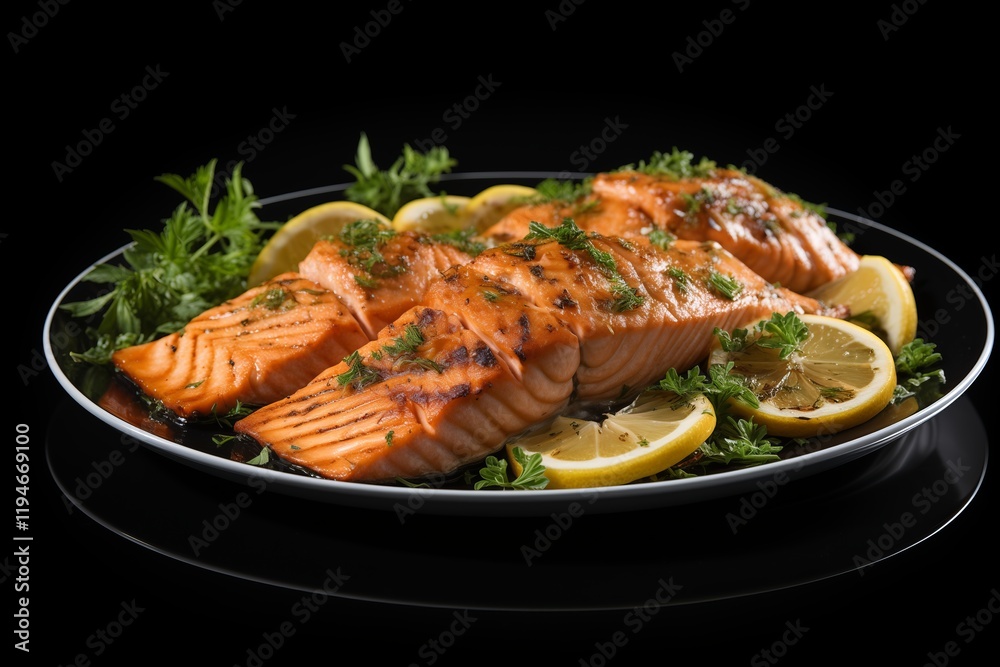 A delicious platter of grilled salmon garnished with lemon slices and fresh herbs on a black background. A delicious platter of grilled salmon garnished with lemon slices and fresh herbs on a black background.
