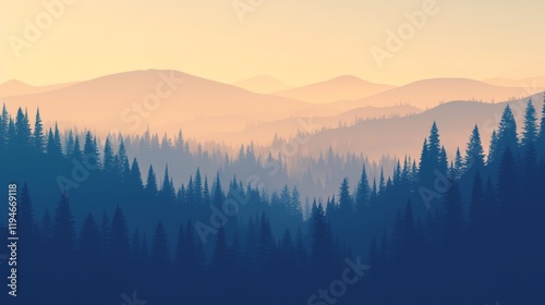 Coniferous Forest Silhouetted Against Misty Mountain Range at Sunrise.