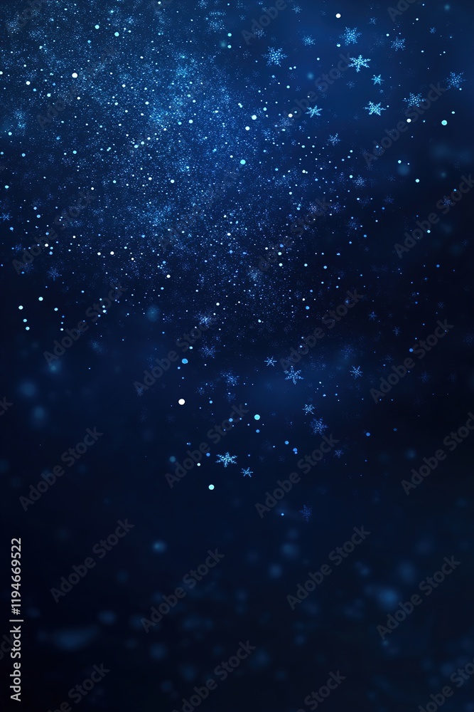 Fototapeta premium Sparkling snowflakes fall gently in a midnight blue winter sky, creating a tranquil atmosphere